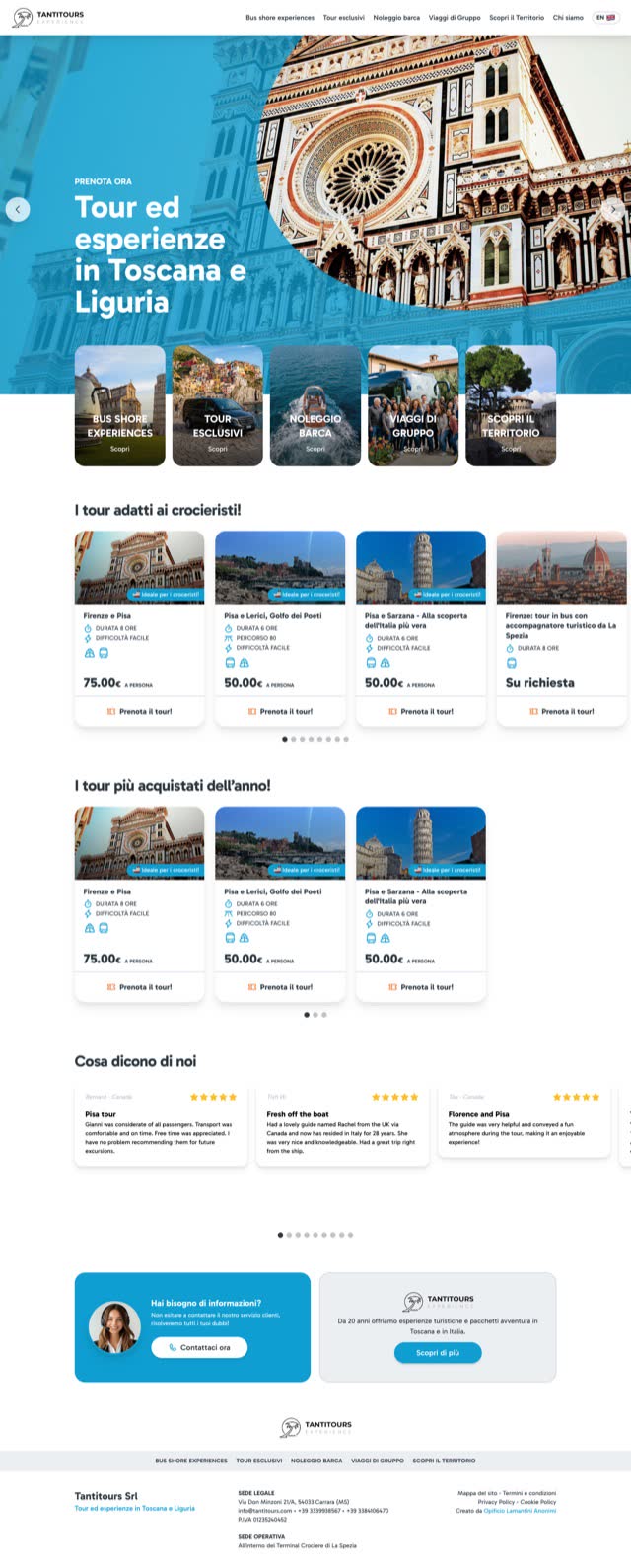 Home di tantitours.com: tour ed esperienze in Toscana e Liguria, con le categorie e i tour più acquistati