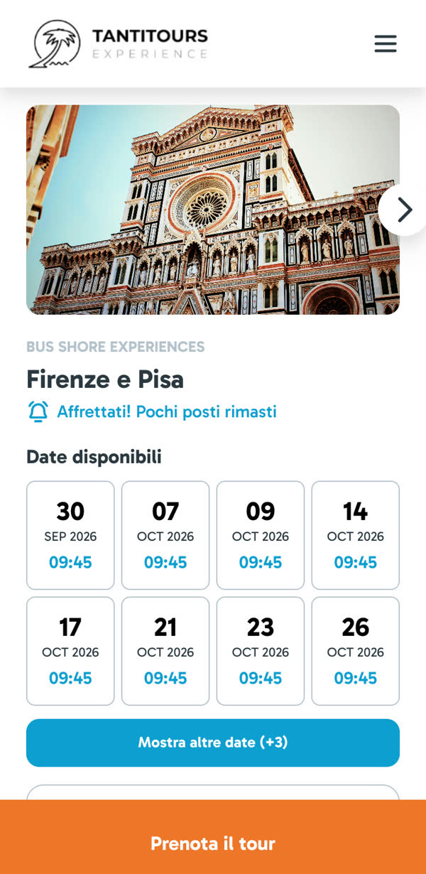 Scheda Firenze e Pisa su telefono: date disponibili con orario e il pulsante Prenota il tour