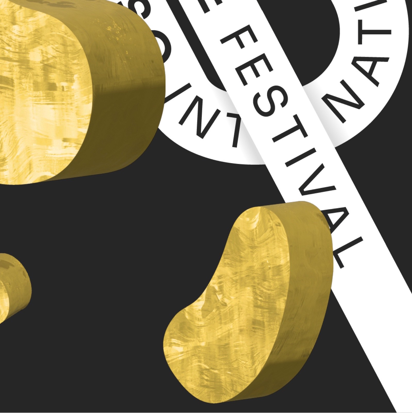 Dettaglio del visual 2022: il nastro bianco con la scritta International Festival tra le forme d’oro