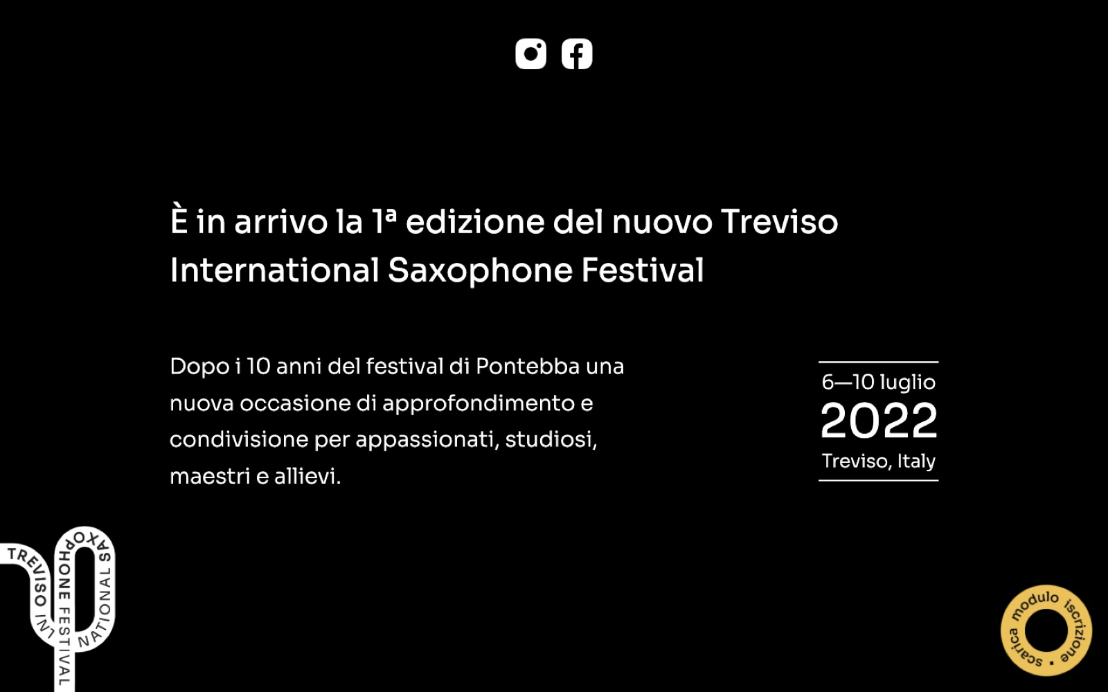 La home del sito 2022 su fondo nero: «È in arrivo la 1ª edizione del nuovo Treviso International Saxophone Festival», 6–10 luglio 2022