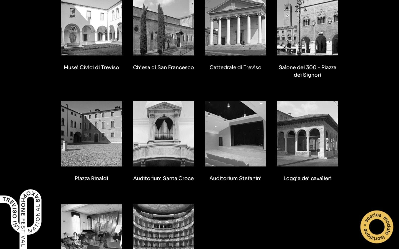 Le location 2022 sul sito, in bianco e nero: Musei Civici, Chiesa di San Francesco, Cattedrale, Salone dei 300 e altre