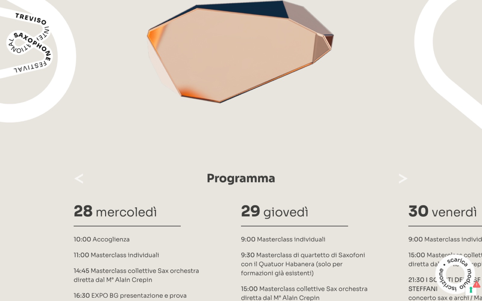 Il programma 2024 sul sito, con un frammento di rame in alto