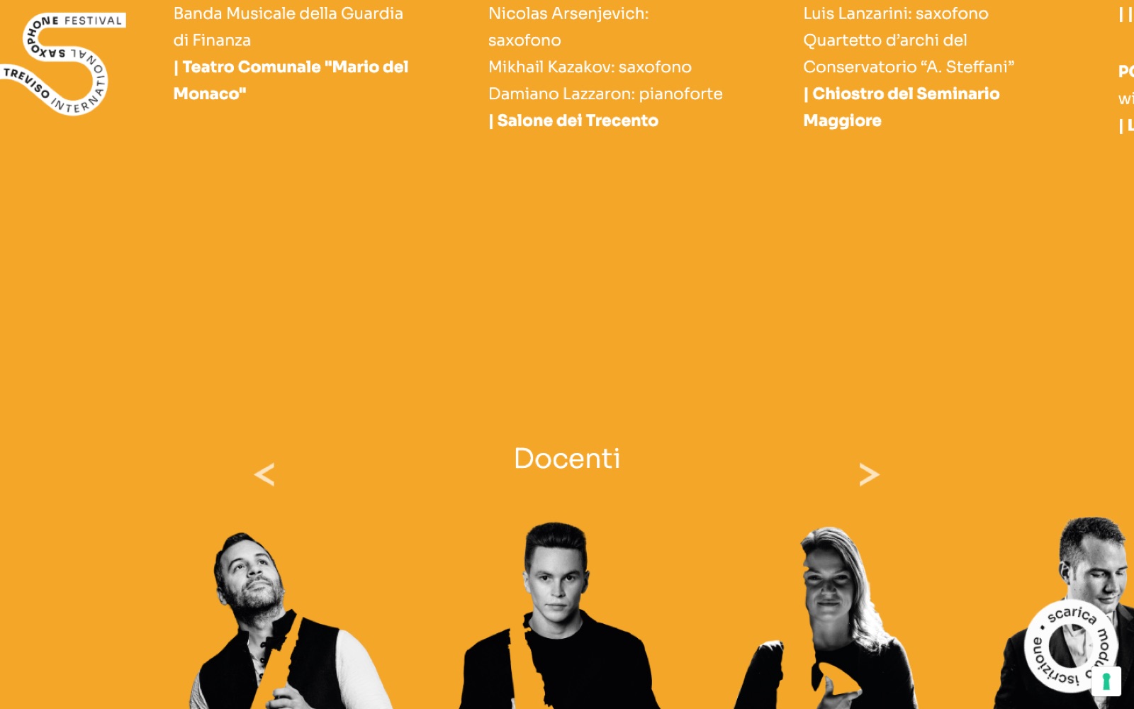 I docenti 2026 sul sito, scontornati in bianco e nero sul fondo arancio