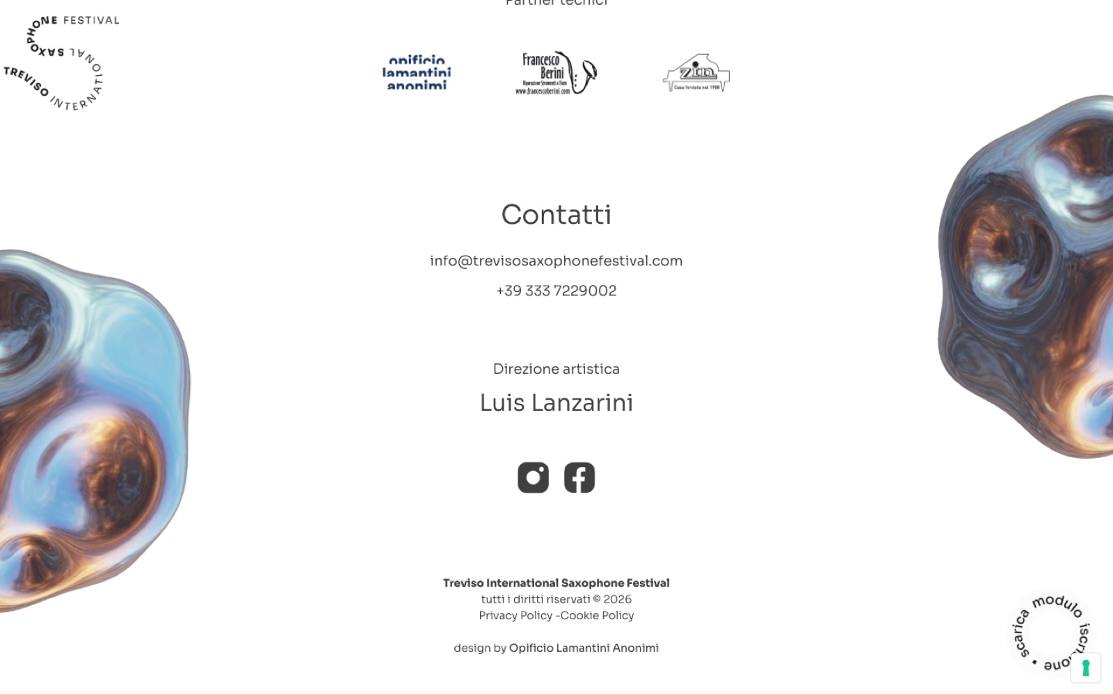 Il fondo del sito 2026: contatti, direzione artistica e il credito design by Opificio Lamantini Anonimi