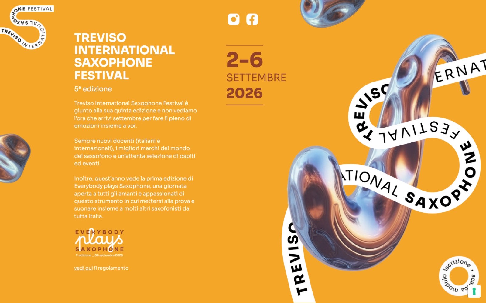 La home del sito 2026 su fondo arancio: Treviso International Saxophone Festival, 5ª edizione, 2–6 settembre 2026, con il visual in metallo liquido