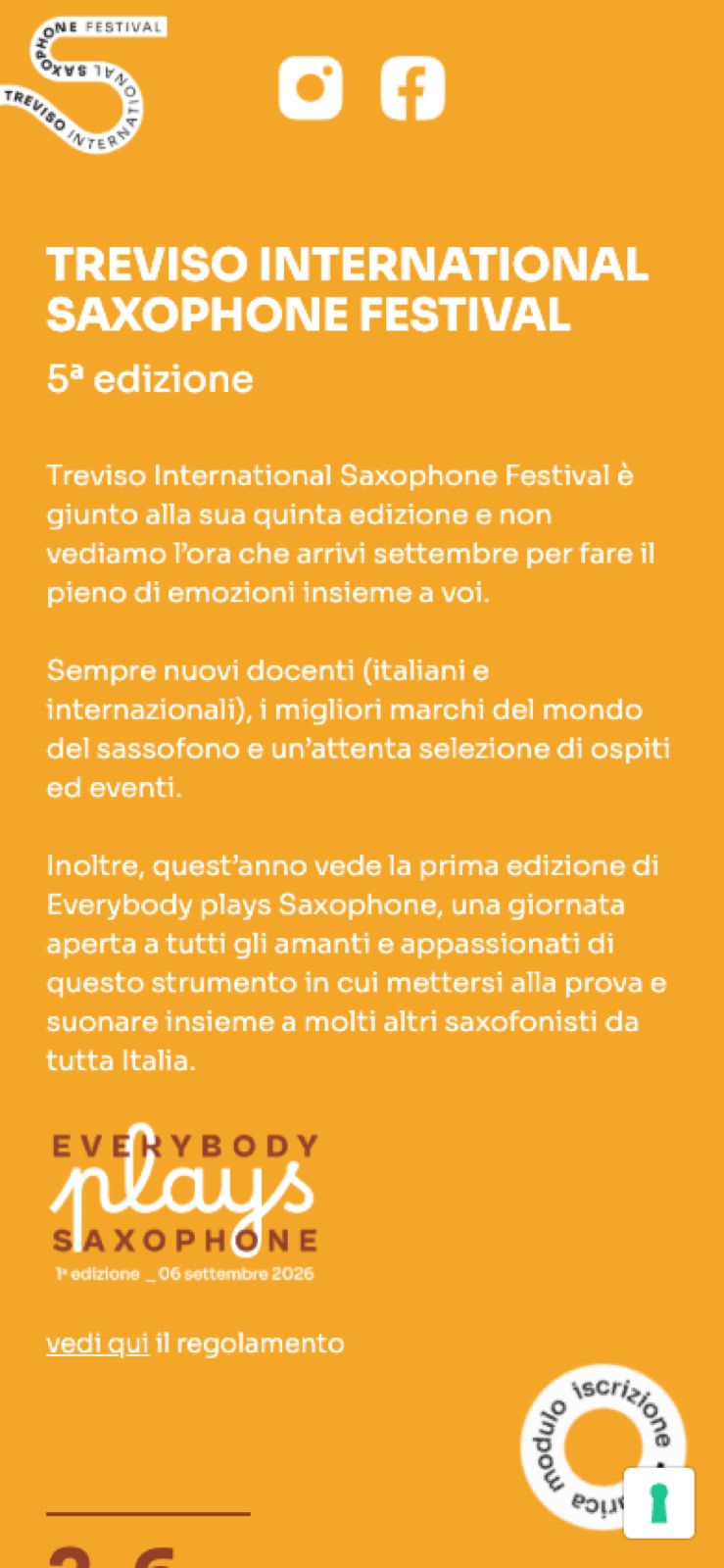 Il sito 2026 sul telefono: la home con il nome del festival, la 5ª edizione e Everybody plays saxophone
