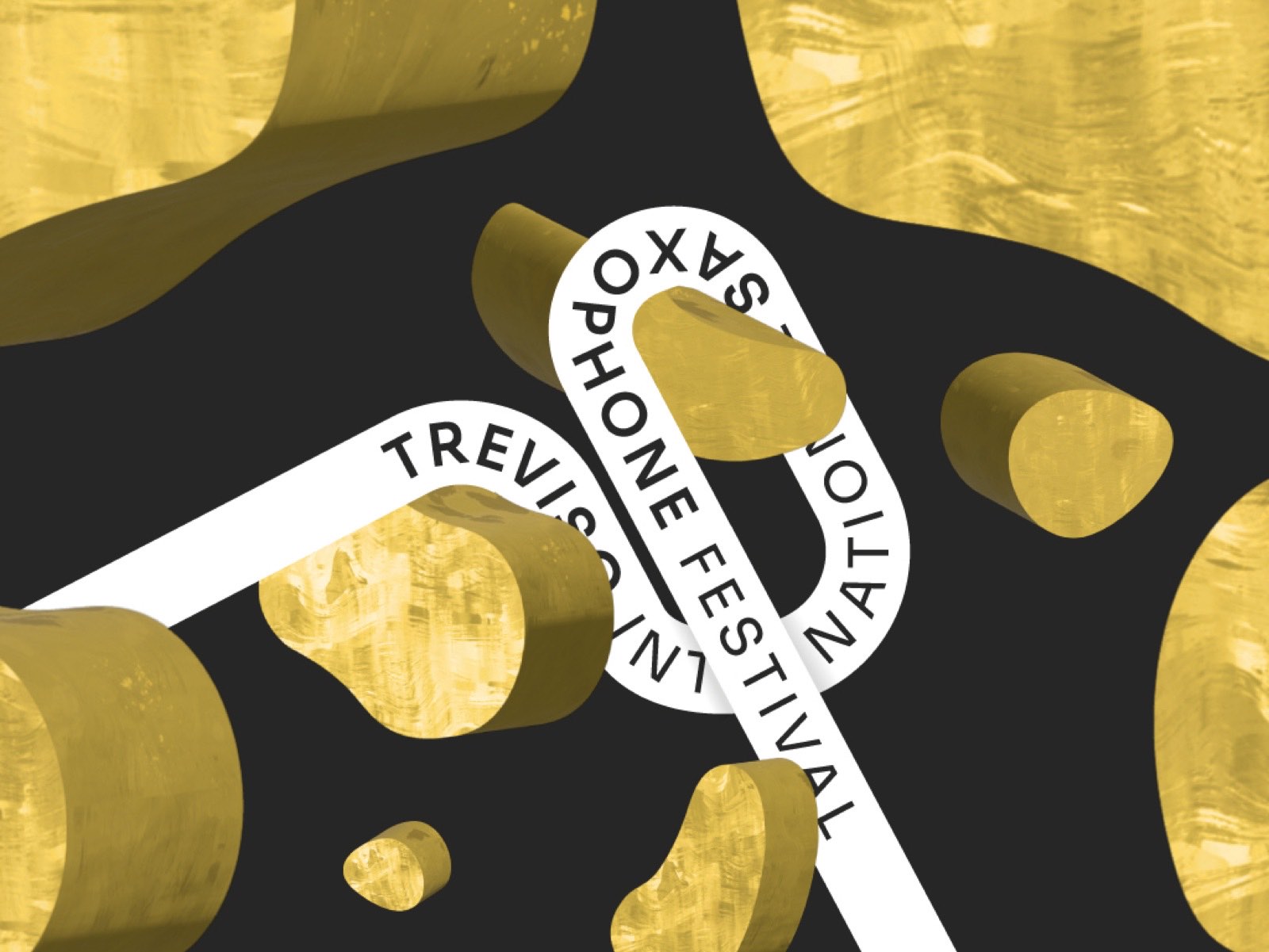 Il visual 2022: il nastro bianco con il nome del festival disegna un sassofono tra forme d’oro su fondo nero