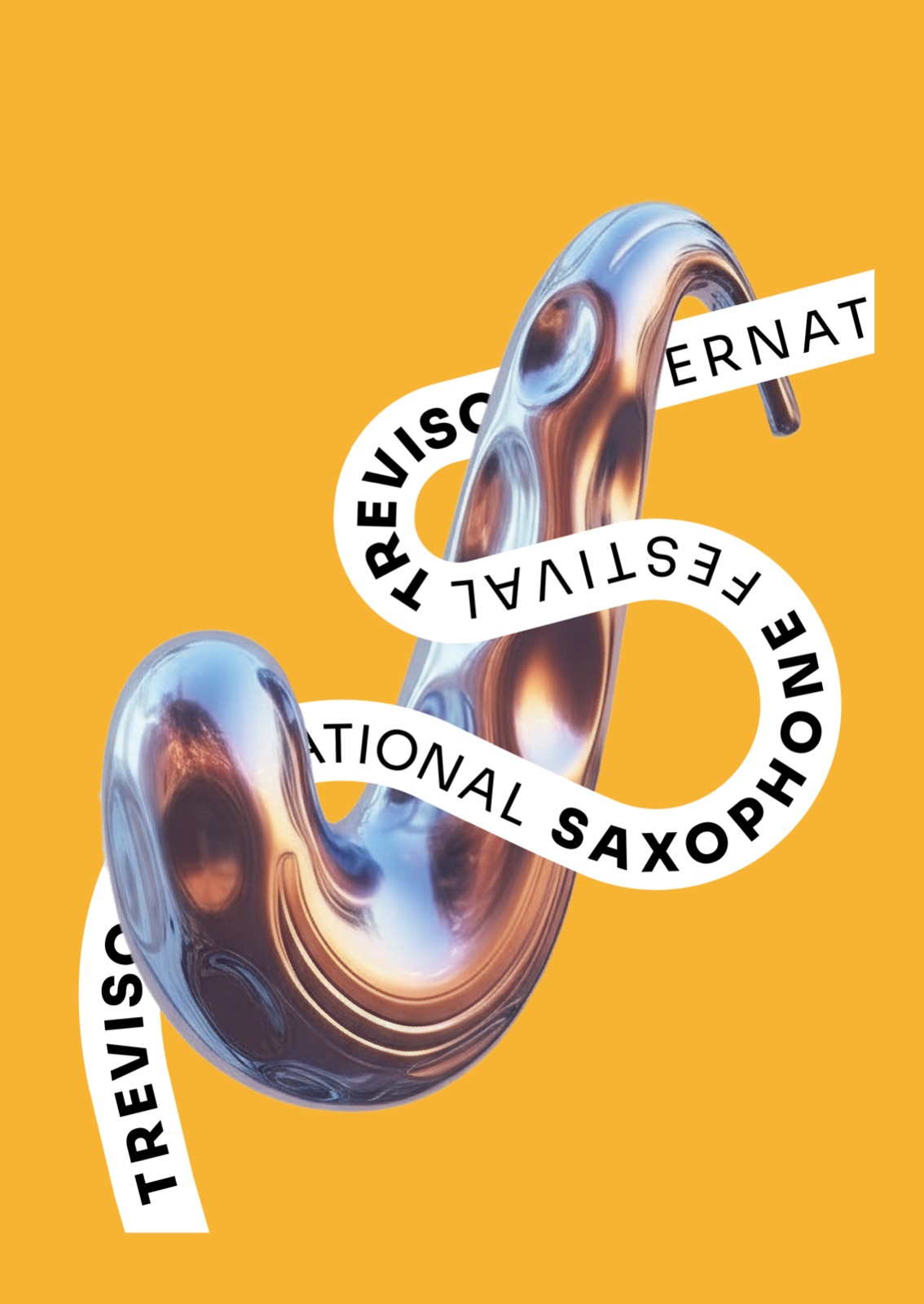 Il visual 2026: il nastro della 5ª edizione intrecciato a una forma di metallo liquido su fondo arancio