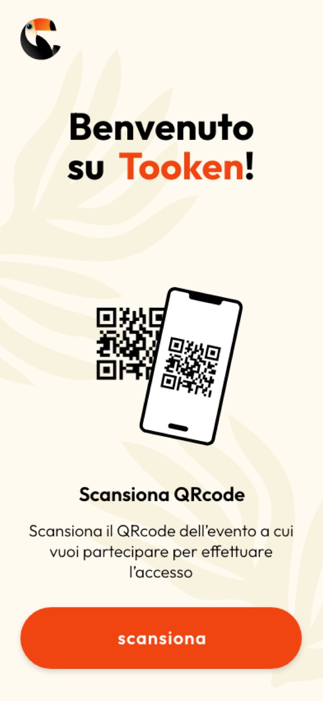 Schermata di benvenuto della webapp, con l’invito a scansionare il QR code dell’evento