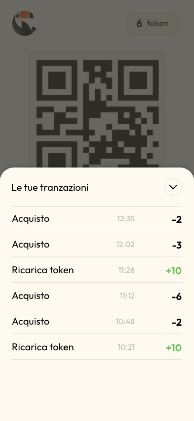 Schermata con lo storico delle transazioni: acquisti e ricariche