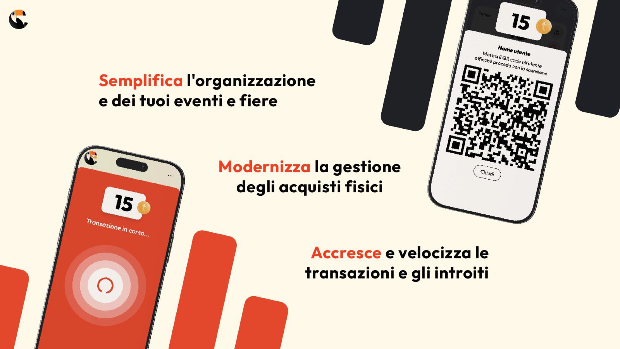 Pagina della presentazione che spiega cos’è Tuken: semplifica l’organizzazione, modernizza gli acquisti, velocizza le transazioni