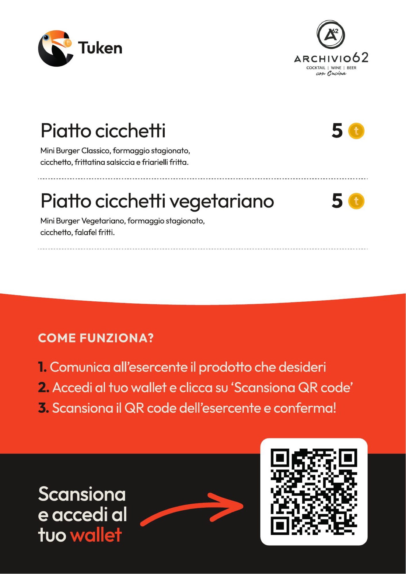 Menu dello stand con i prezzi espressi in token
