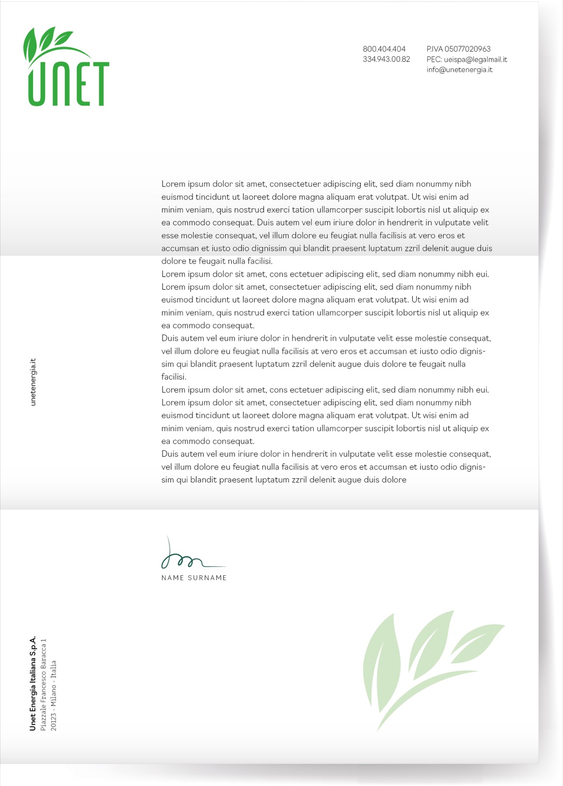 Carta intestata Unet con la foglia in trasparenza