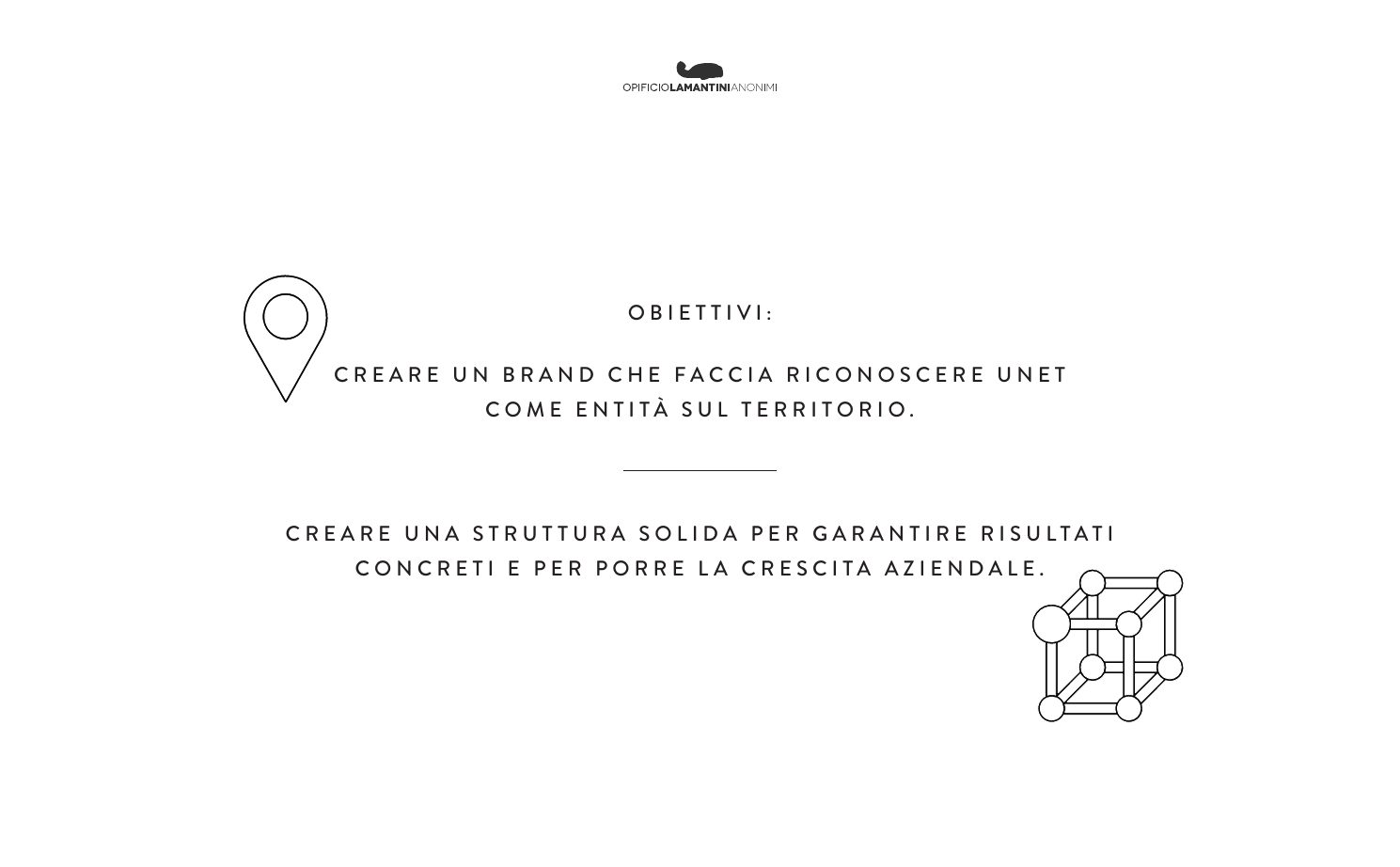 Slide degli obiettivi: creare un brand che faccia riconoscere Unet come entità sul territorio