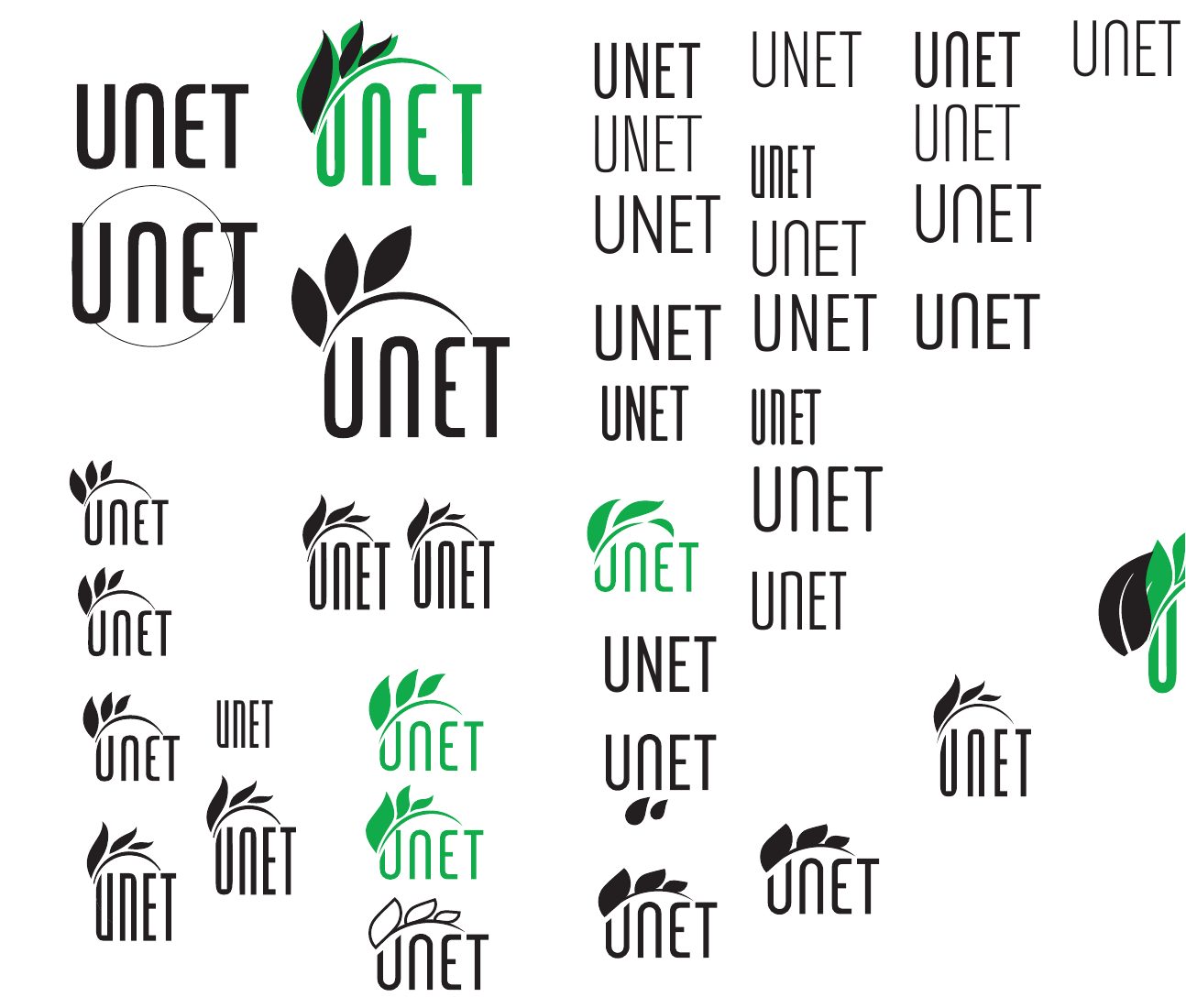 Primi studi del logotipo Unet, in nero e in verde