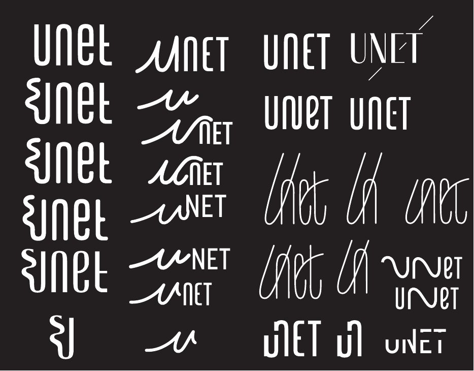 Studi di lettering per il marchio Unet su fondo nero